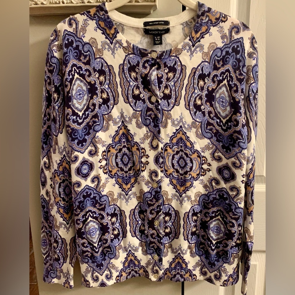 Lands' End Women's Cardigan Sweater Supima Cotton Boho Medallion NWT - L/P